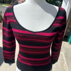 Vintage Betsey Johnson Black and Pink Striped V-Neck Sweater